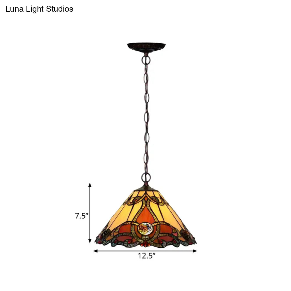 Tiffany Bronze Kitchen Pendant Lamp With Red Stained Glass Shade