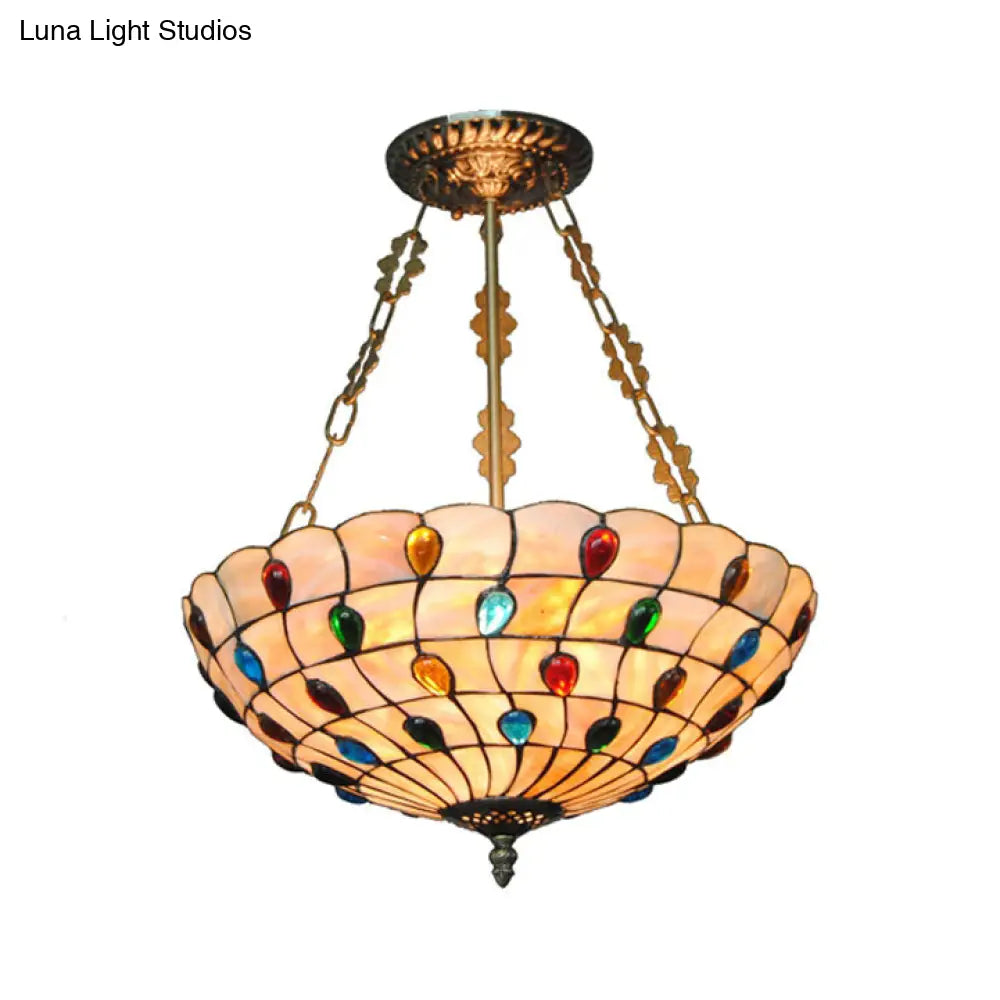 Tiffany Ceiling Light With Jeweled Semi Flush Design - 16/18 Diameter 3 Lights Beige Art Glass Shade