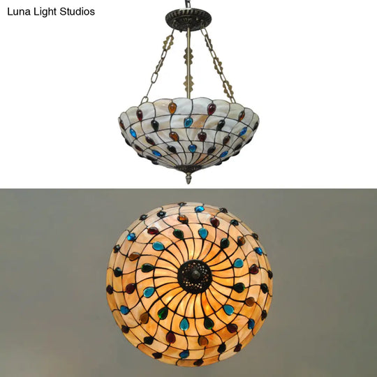 Tiffany Ceiling Light With Jeweled Semi Flush Design - 16’/18’ Diameter 3 Lights Beige Art