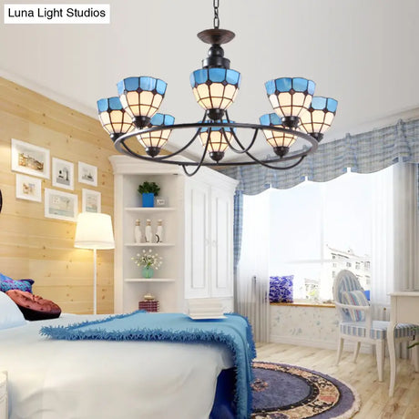 Tiffany Classic Chandelier: Metal Ring Suspension Light With Grid Bowl (6/8 Lights) In Blue And