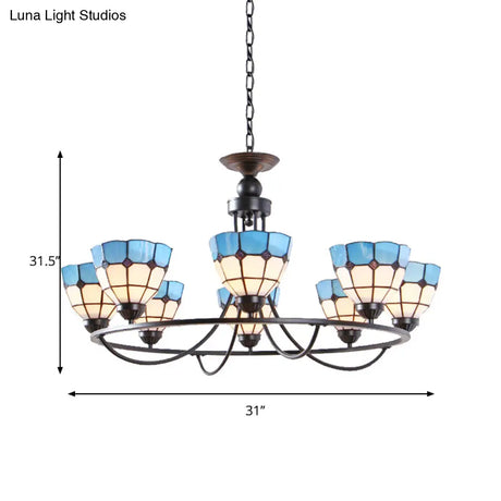 Tiffany Classic Chandelier: Metal Ring Suspension Light With Grid Bowl (6/8 Lights) In Blue And