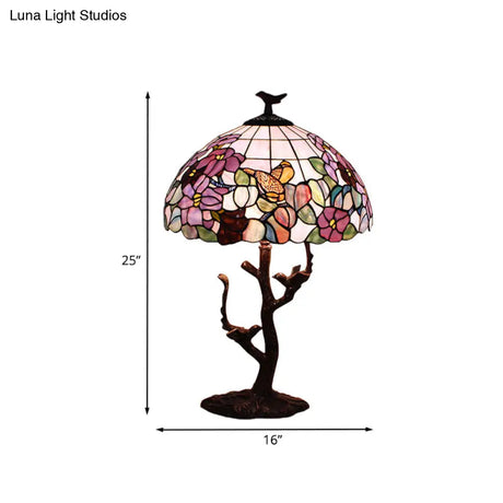 Tiffany Coffee Flower Patterned Bedroom Night Lamp - Hand Cut Glass Shade