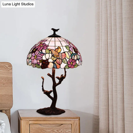 Tiffany Coffee Flower Patterned Bedroom Night Lamp - Hand Cut Glass Shade
