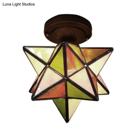 Tiffany Colorful Glass Flush Mount Ceiling Light For Corridor - Star/Polygon Shaped