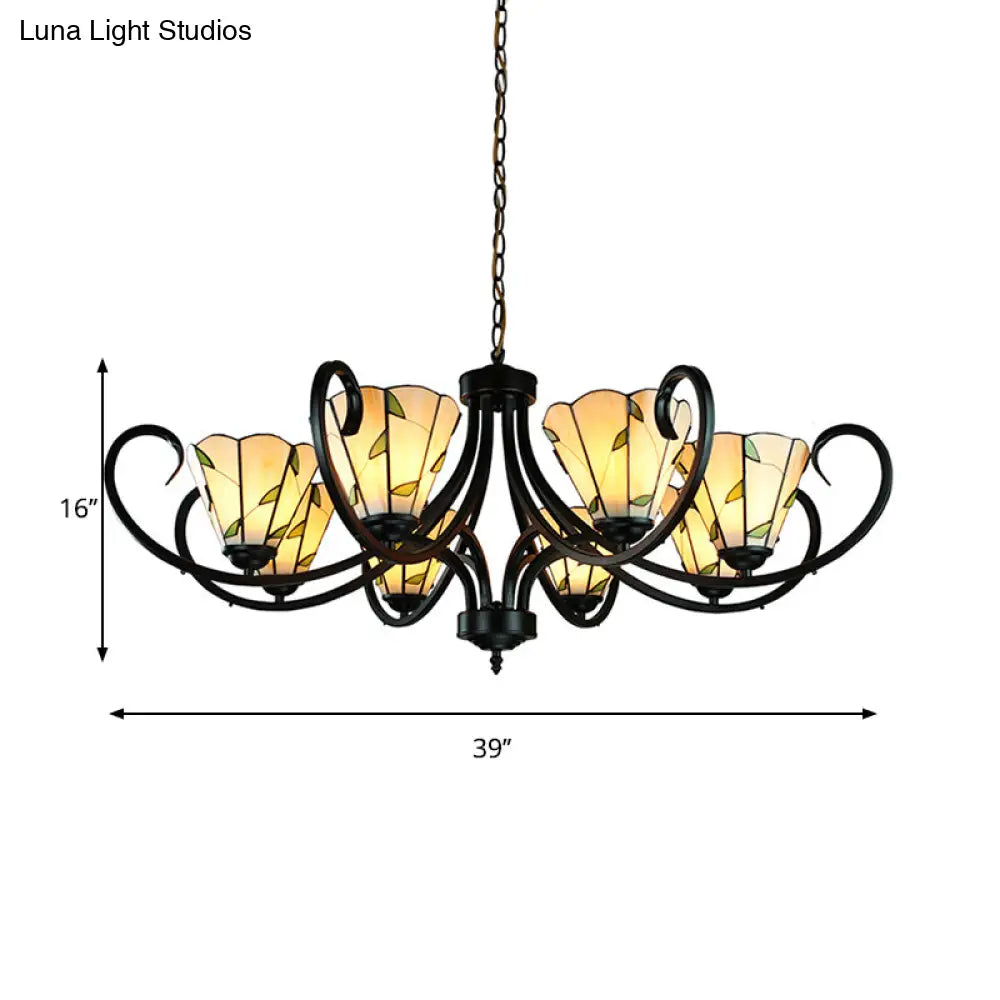 Tiffany Cone Chandelier Lamp With Stained Glass And Beige Shade For Bedroom - 5/6/8 Heads