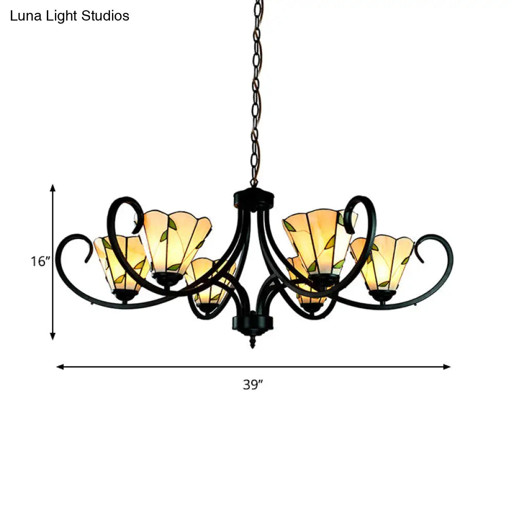 Tiffany Cone Chandelier Lamp With Stained Glass And Beige Shade For Bedroom - 5/6/8 Heads