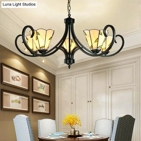 Tiffany Cone Chandelier Lamp With Stained Glass And Beige Shade For Bedroom - 5/6/8 Heads