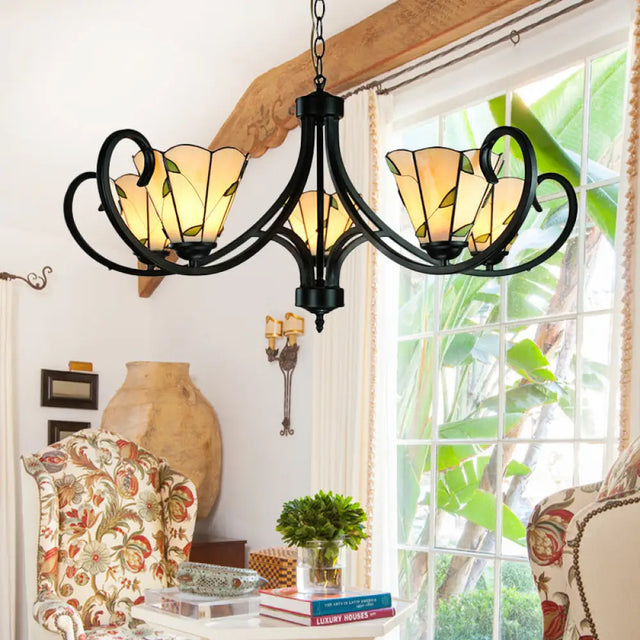 Tiffany Cone Chandelier Lamp With Stained Glass And Beige Shade For Bedroom - 5/6/8 Heads 5 /