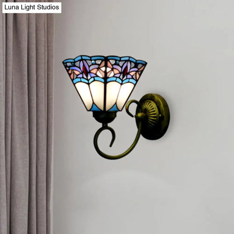 Tiffany Cone Purple-Blue Glass Sconce Light Fixture With Scrolling Arm - 1 Head Wall