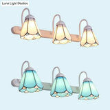 Tiffany Conical White/Blue Glass Vanity Light Fixture - 3 Head Wall Sconce For Bathroom
