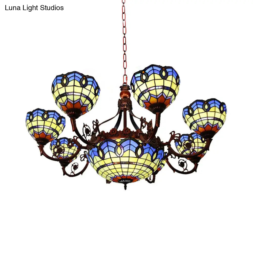 Tiffany 7/9 Heads Chandelier Light With Copper Finish And Bowl Glass Shade In Blue/Yellow