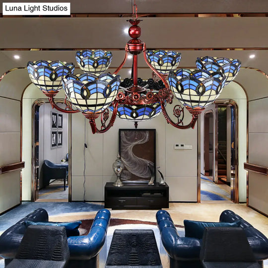 Tiffany 7/9 Heads Chandelier Light With Copper Finish And Bowl Glass Shade In Blue/Yellow