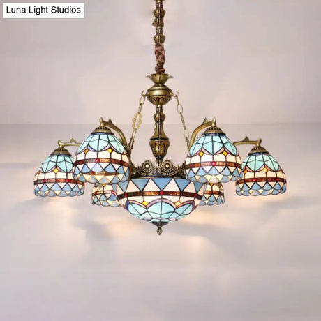 Tiffany Cut Glass Chandelier With Blue Lights And Domed Shade