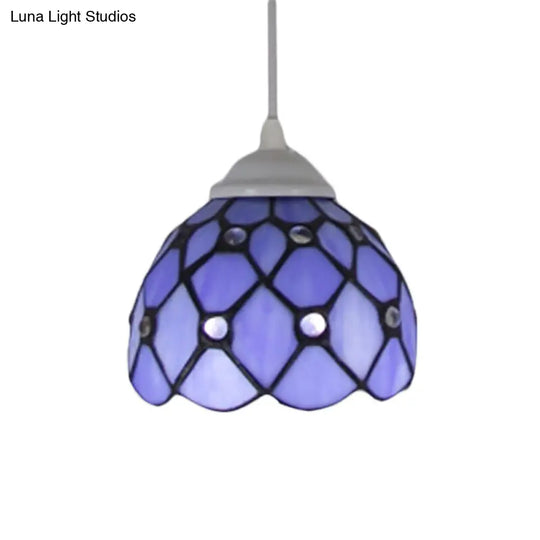 Tiffany Cut Glass Domed Hanging Light Fixture - 1 Suspension Pendant For Bedroom Beige/Light