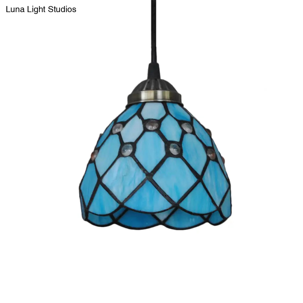Tiffany Cut Glass Hanging Light Fixture For Bedroom - Beige/Light Blue/Dark Blue