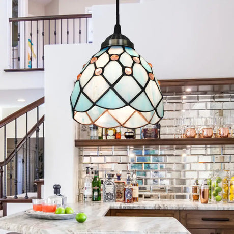 Tiffany Cut Glass Hanging Light Fixture For Bedroom - Beige/Light Blue/Dark Blue