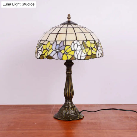 Tiffany Cut Glass Night Lamp With Gridded Bronze Shade - Flower-Border Design