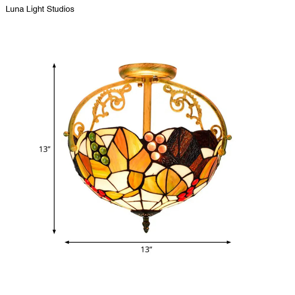 Tiffany Cut Glass Semi - Flush Ceiling Light With Brass Finish For Bedrooms - 2/3 Lights