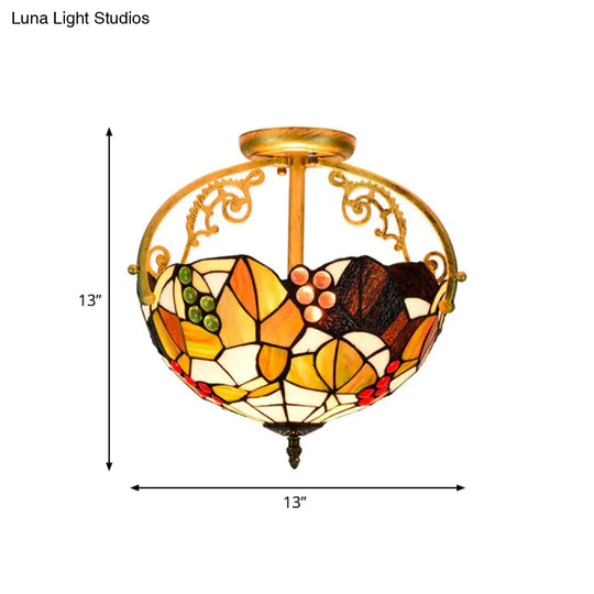 Tiffany Cut Glass Semi - Flush Ceiling Light With Brass Finish For Bedrooms - 2/3 Lights