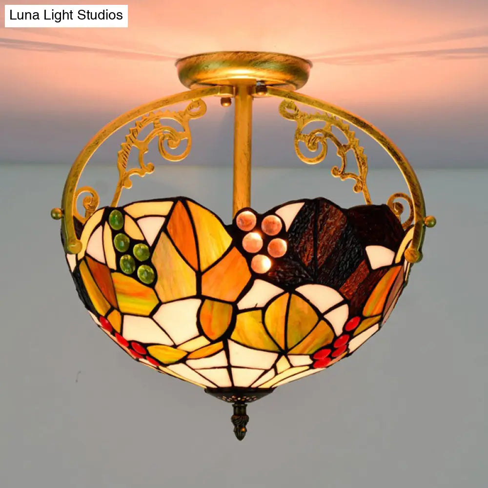 Tiffany Cut Glass Semi - Flush Ceiling Light With Brass Finish For Bedrooms - 2/3 Lights