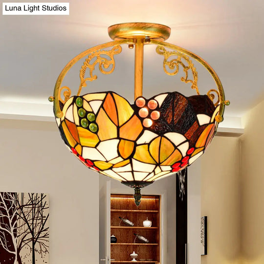 Tiffany Cut Glass Semi - Flush Ceiling Light With Brass Finish For Bedrooms - 2/3 Lights