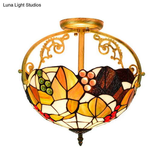 Tiffany Cut Glass Semi-Flush Ceiling Light With Brass Finish For Bedrooms - 2/3 Lights