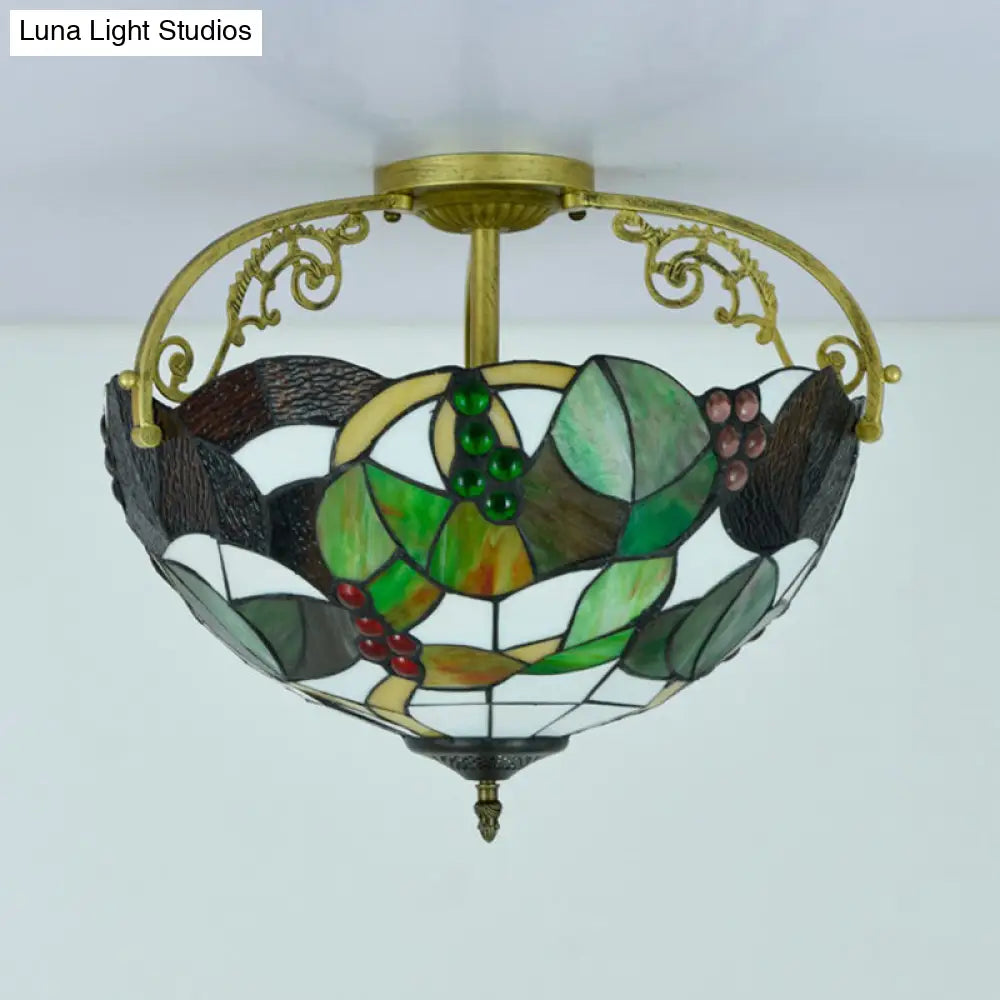 Tiffany Cut Glass Semi-Flush Ceiling Light With Brass Finish For Bedrooms - 2/3 Lights