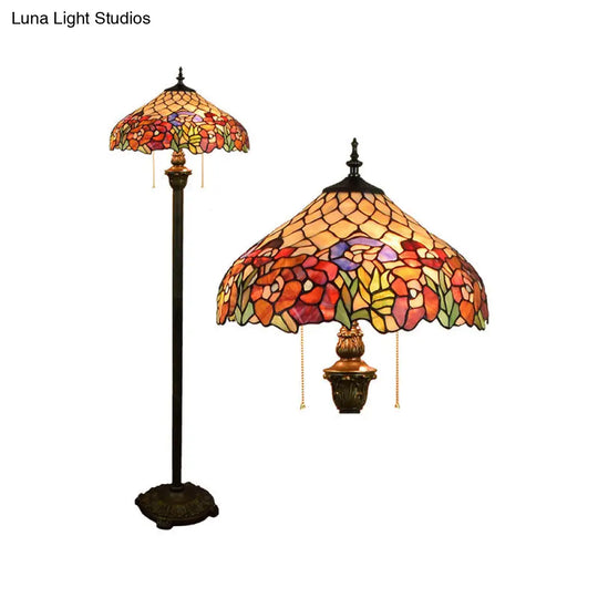 Tiffany Dome Shade Floor Lamp - Handcrafted Glass Pull Chain 2 Bulbs