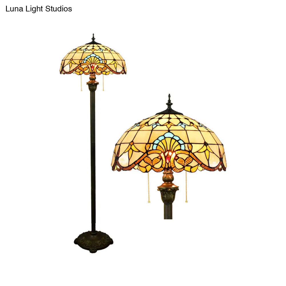 Tiffany Dome Shade Floor Lamp - Handcrafted Glass Pull Chain 2 Bulbs