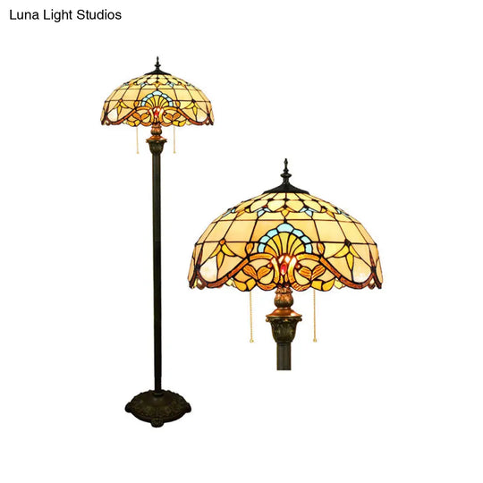 Tiffany Dome Shade Floor Lamp - Handcrafted Glass Pull Chain 2 Bulbs