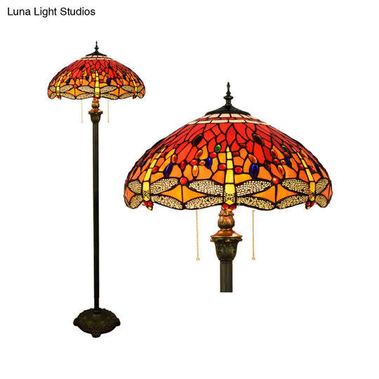Tiffany Dome Shade Floor Lamp - Handcrafted Glass Pull Chain 2 Bulbs
