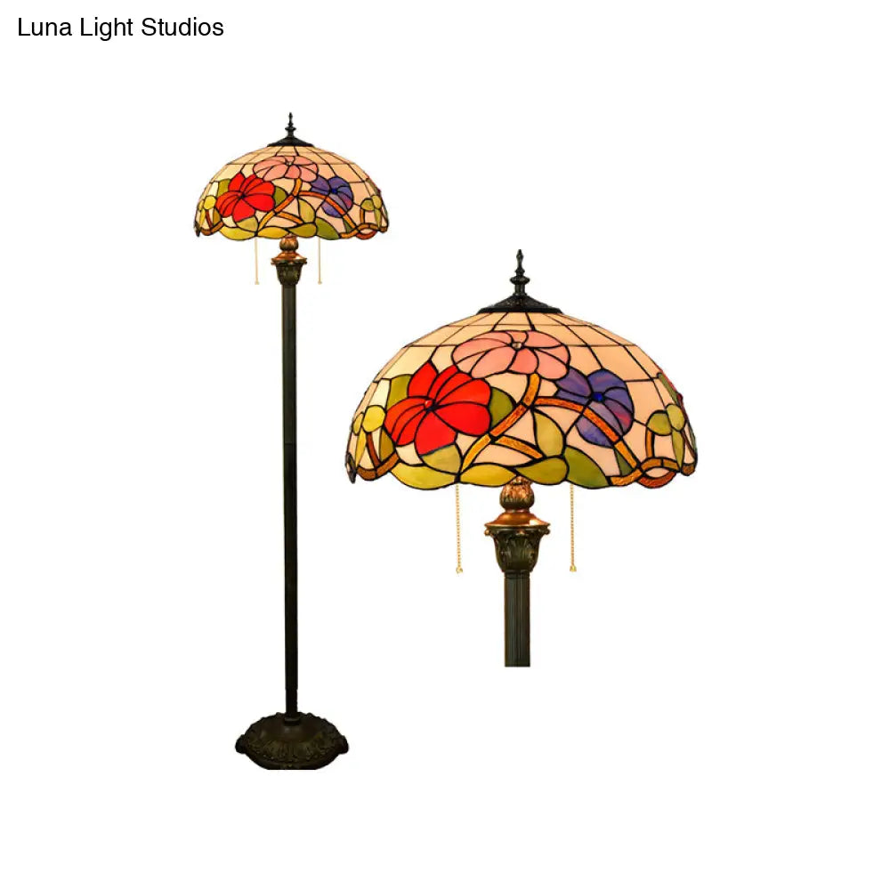 Tiffany Dome Shade Floor Lamp - Handcrafted Glass Pull Chain 2 Bulbs
