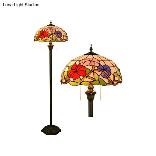 Tiffany Dome Shade Floor Lamp - Handcrafted Glass Pull Chain 2 Bulbs