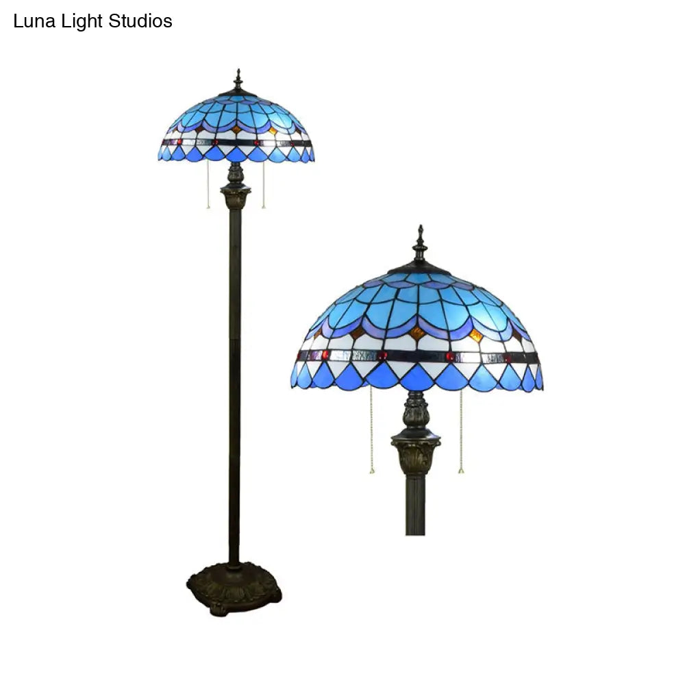 Tiffany Dome Shade Floor Lamp - Handcrafted Glass Pull Chain 2 Bulbs