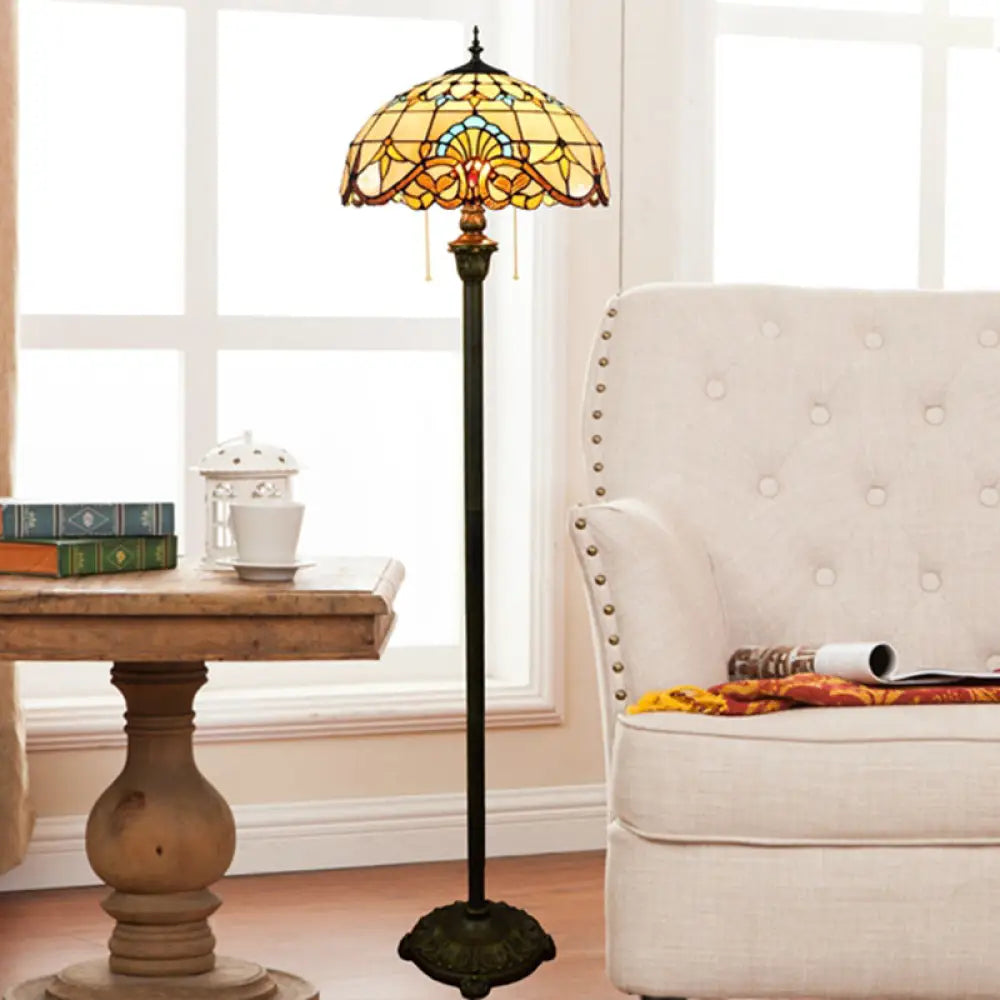 Tiffany Dome Shade Floor Lamp - Handcrafted Glass Pull Chain 2 Bulbs Beige