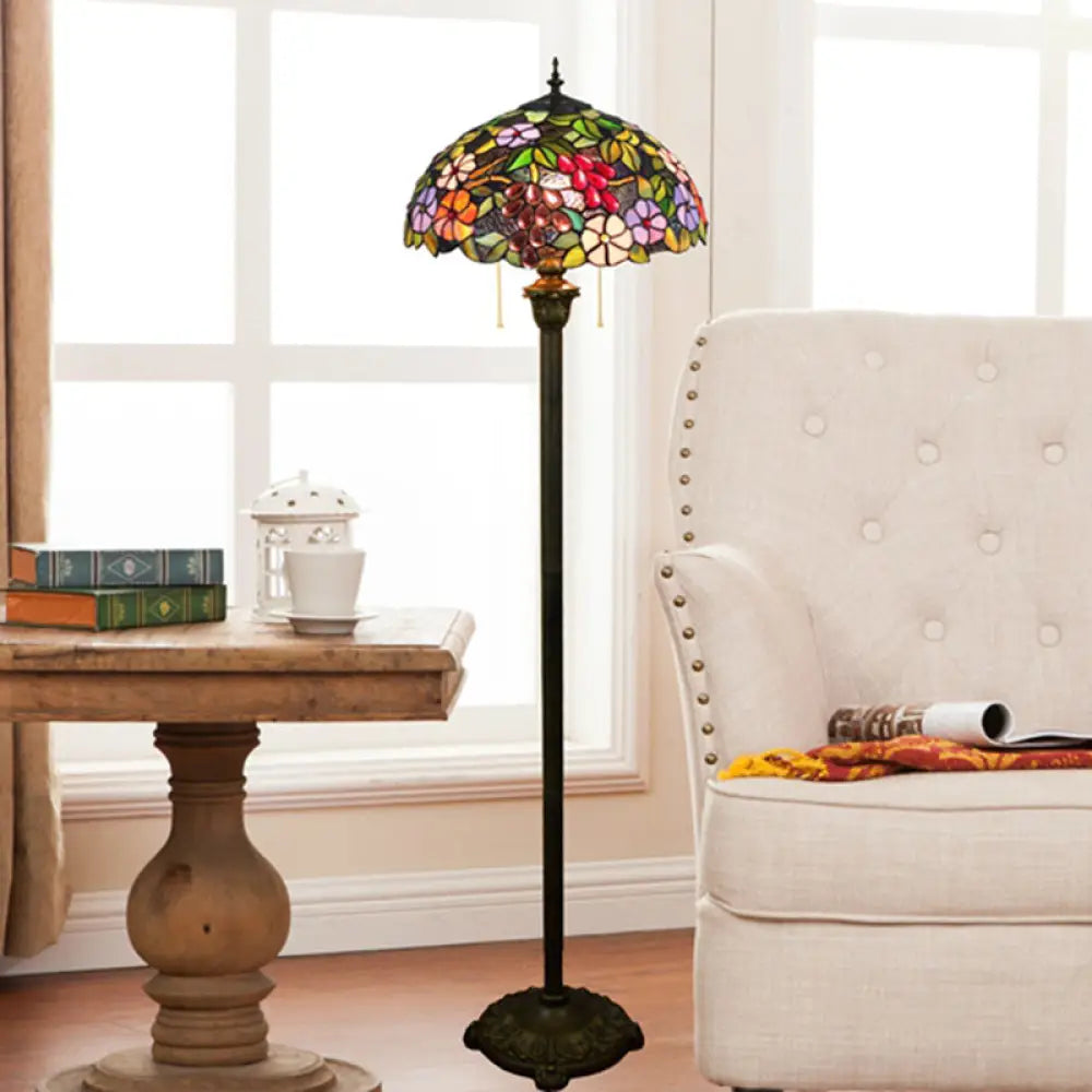 Tiffany Dome Shade Floor Lamp - Handcrafted Glass Pull Chain 2 Bulbs Olive Green