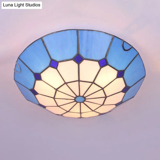 Tiffany Dome Shade Led Flush Mount Lighting For Bedroom - Gridded Glass Fixture Blue / 12’
