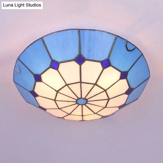 Tiffany Dome Shade Led Flush Mount Lighting For Bedroom - Gridded Glass Fixture Blue / 16’