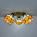 Tiffany Dome Stained Glass Ceiling Fixture With 3 Lights - Flush Mount Light In Colorful Hues