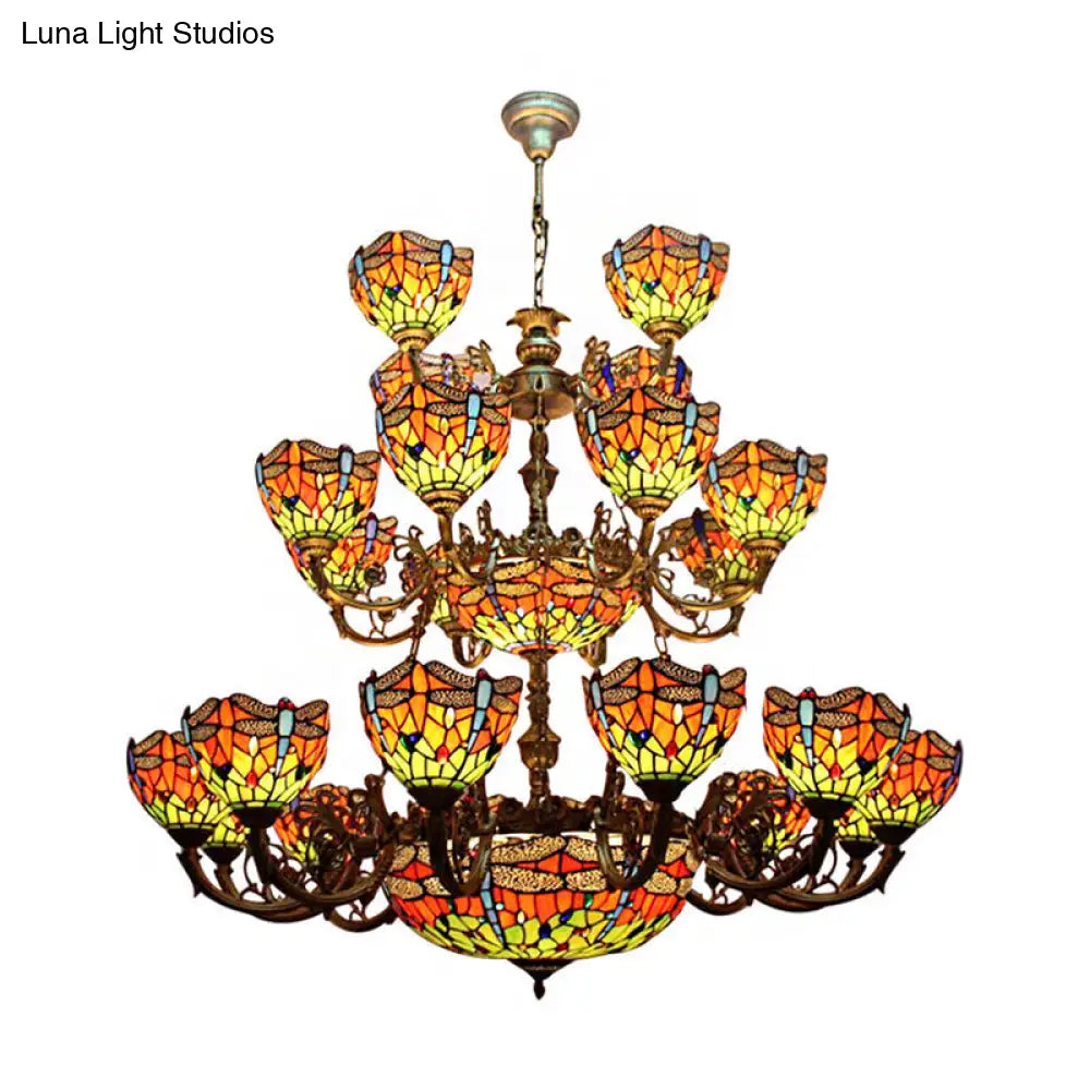 Tiffany Stained Glass Dragonfly Chandelier - 32 Lights 3-Tier Hanging Light