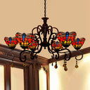 Tiffany Dragonfly Chandelier - Stained Glass Pendant With 6 Red Lights