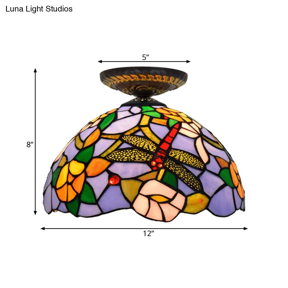 Tiffany Dragonfly Flush Mount Lamp - Stained Glass Close To Ceiling Lighting Fixture In Brass
