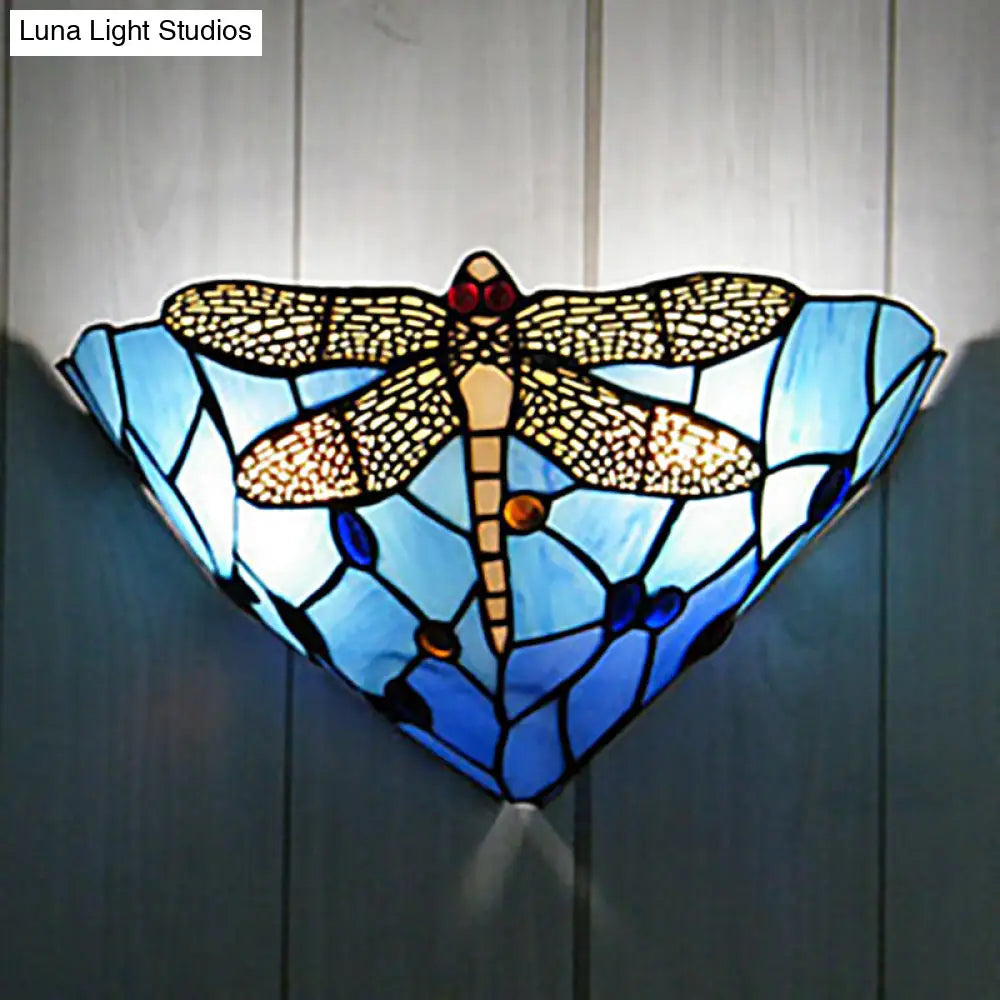 Tiffany Dragonfly Patterned Glass Wall Sconce With Cone Cut Mount