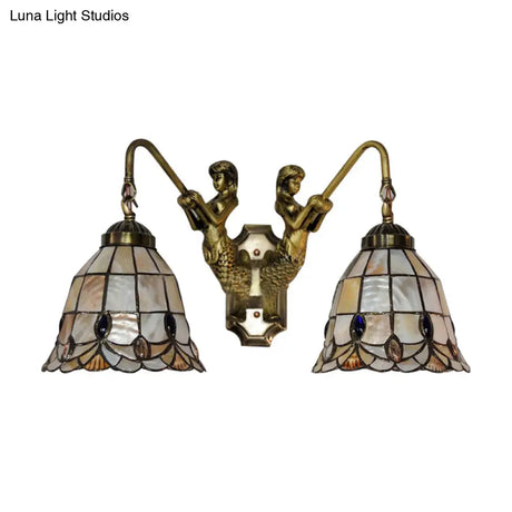 Tiffany Flared Shell Sconce Light With Mermaid Design - 2 Heads Beige Wall Mounted For Bedroom