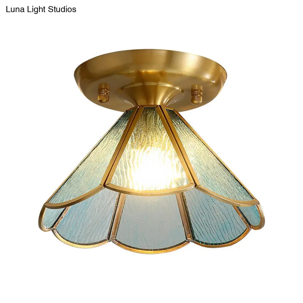 Tiffany Floral Semi-Mount 1-Light Ceiling Flush Light In Brass Perfect For Hallway Décor