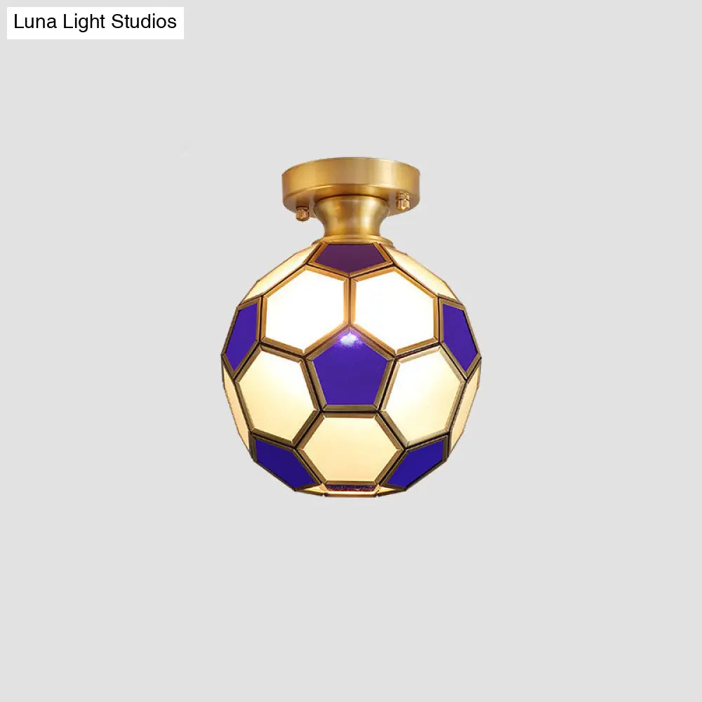 Tiffany Floral Semi-Mount 1-Light Ceiling Flush Light In Brass Perfect For Hallway Décor Blue-White