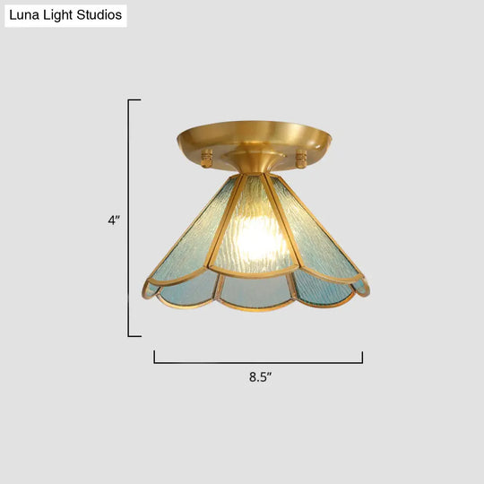 Tiffany Floral Semi Mount 1 - Light Glass Ceiling Flush Light In Brass - Ideal For Hallway Décor