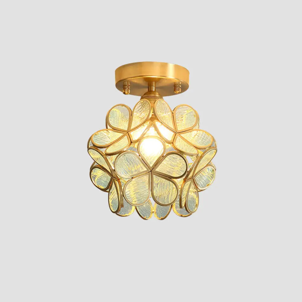 Tiffany Floral Semi Mount 1 - Light Glass Ceiling Flush Light In Brass - Ideal For Hallway Décor