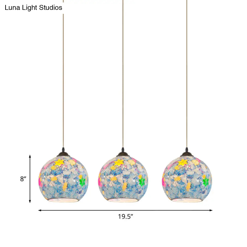 Tiffany Glass 3-Bulb Pendant Lamp With Light Blue Multi Leaf-Pattern Globe - Baroque Ceiling