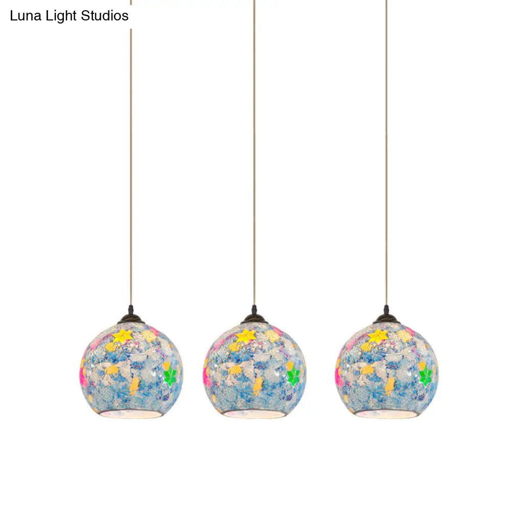 Tiffany Glass 3-Bulb Pendant Lamp With Light Blue Multi Leaf-Pattern Globe - Baroque Ceiling